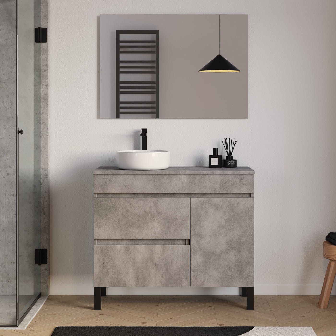Meuble salle de bain LAZARO 100cm ciment vasque gauche ares miroir