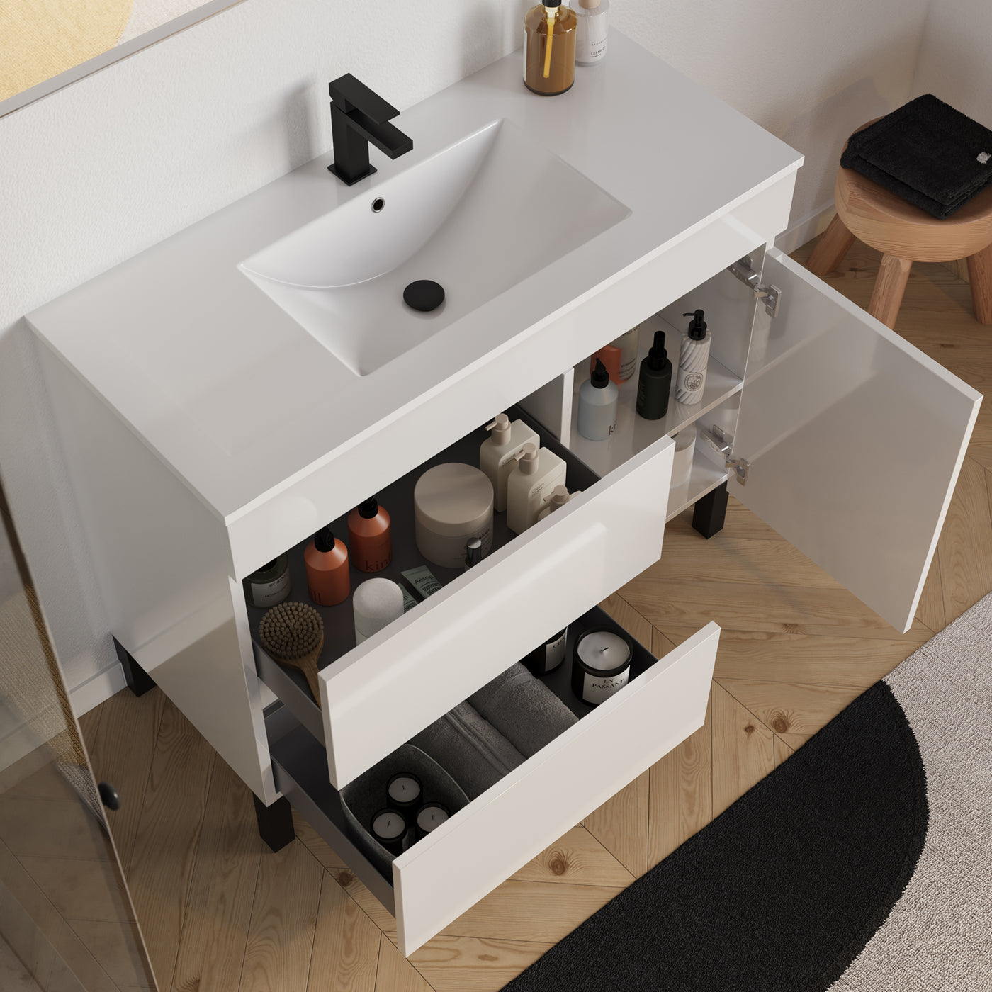 Meuble salle de bain LAZARO 100cm blanc vue dessus