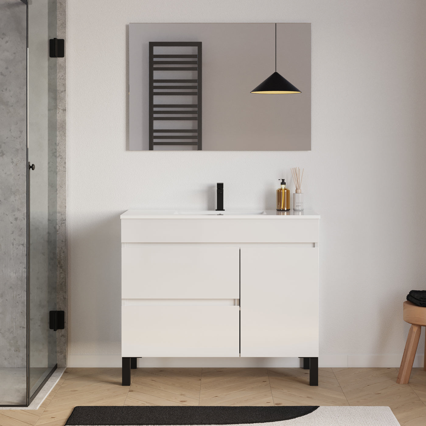 Meuble salle de bain LAZARO 100cm blanc miroir