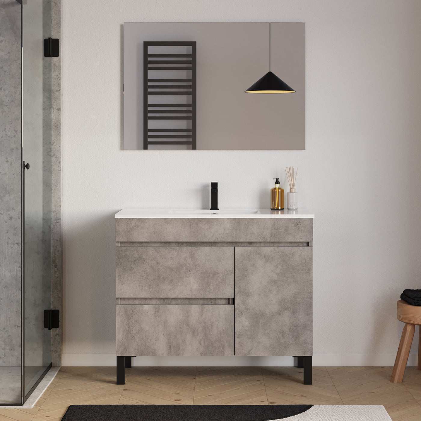 Meuble salle de bain LAZARO 100cm ciment miroir