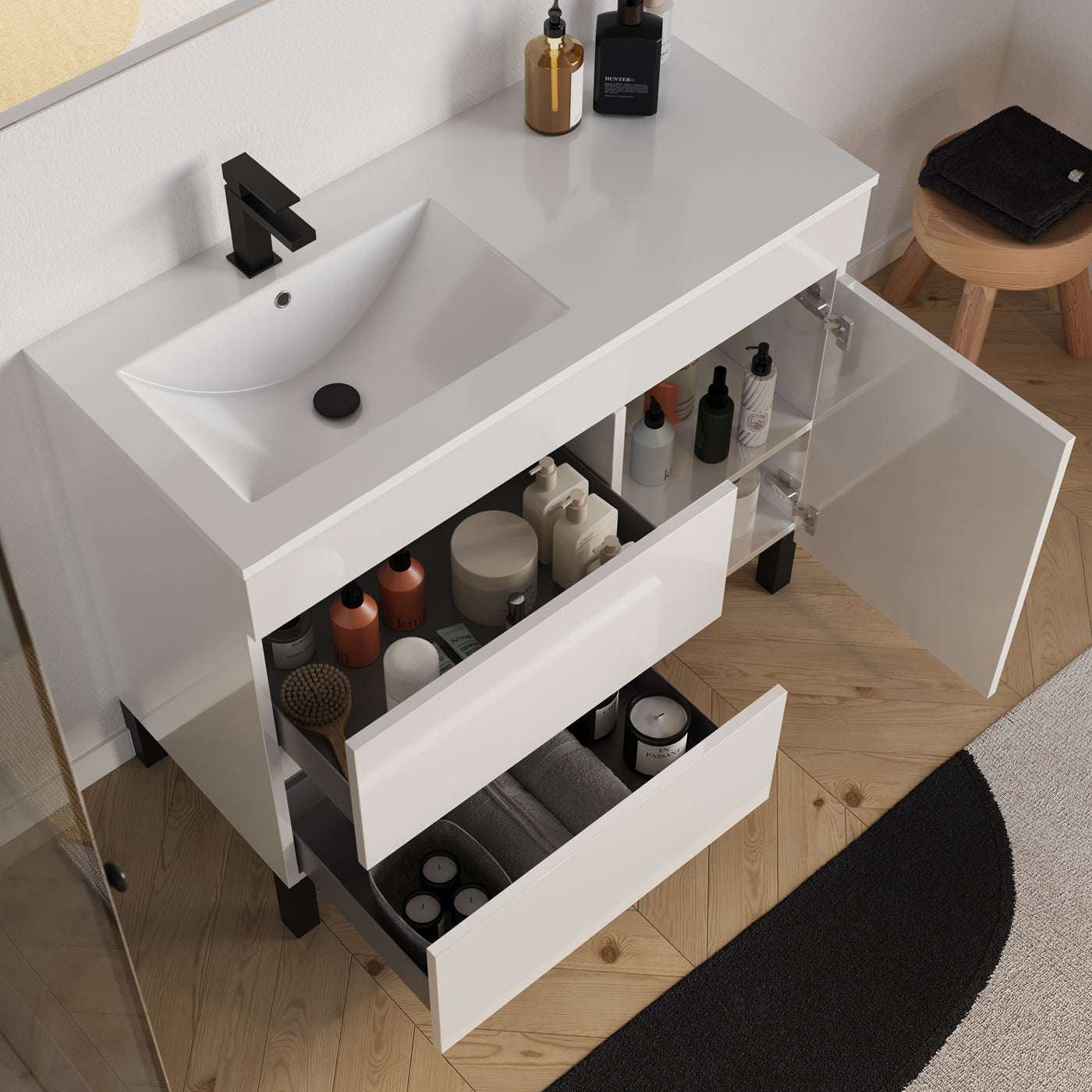Meuble salle de bain LAZARO 100cm blanc vasque gauche vue dessus