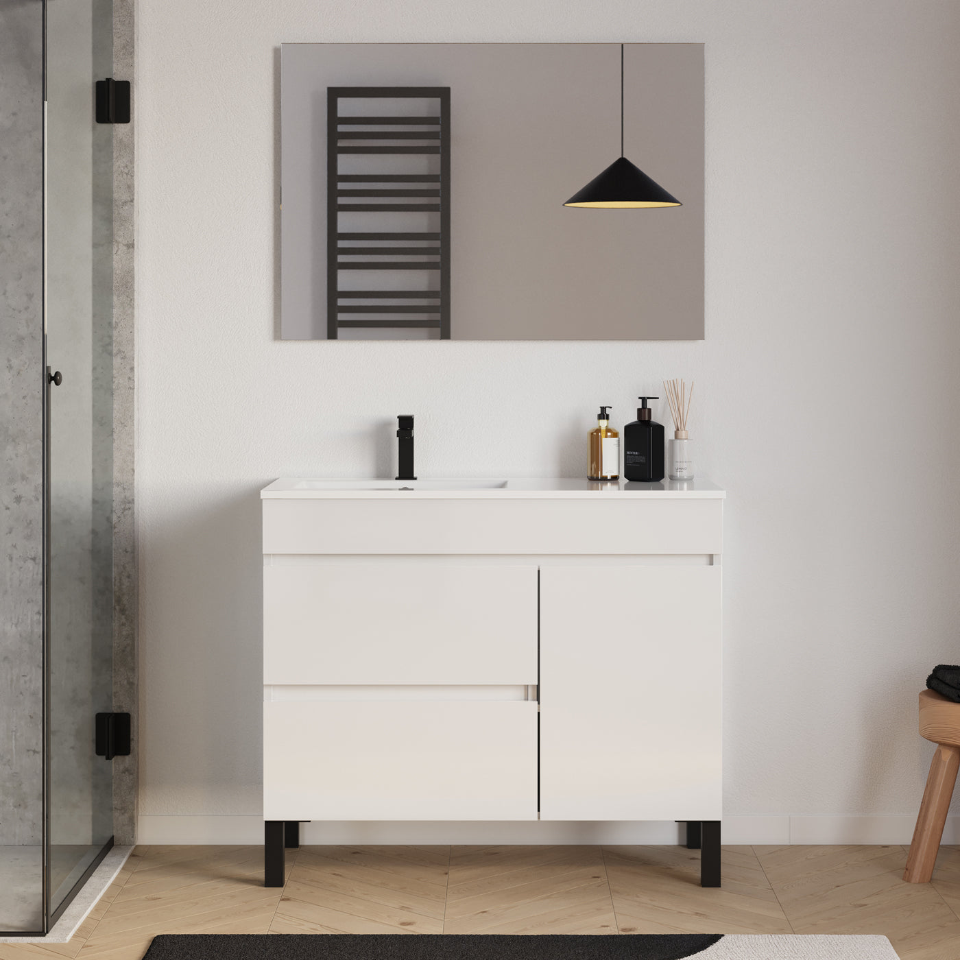 Meuble salle de bain LAZARO 100cm blanc vasque gauche miroir