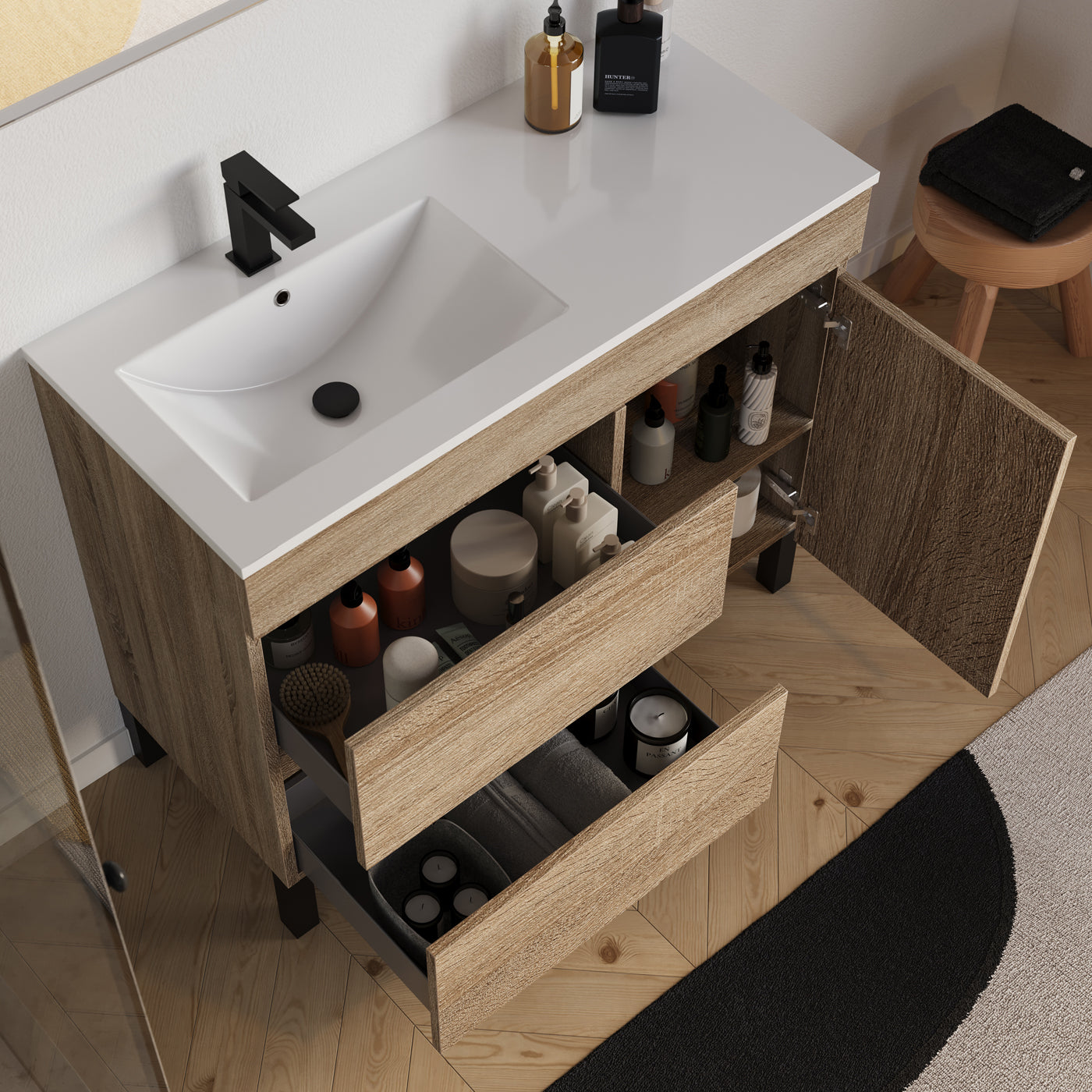 Meuble salle de bain LAZARO 100cm cambrian vasque gauche vue dessus