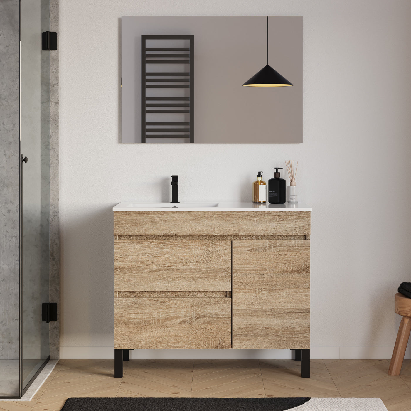 Meuble salle de bain LAZARO 100cm cambrian vasque gauche miroir