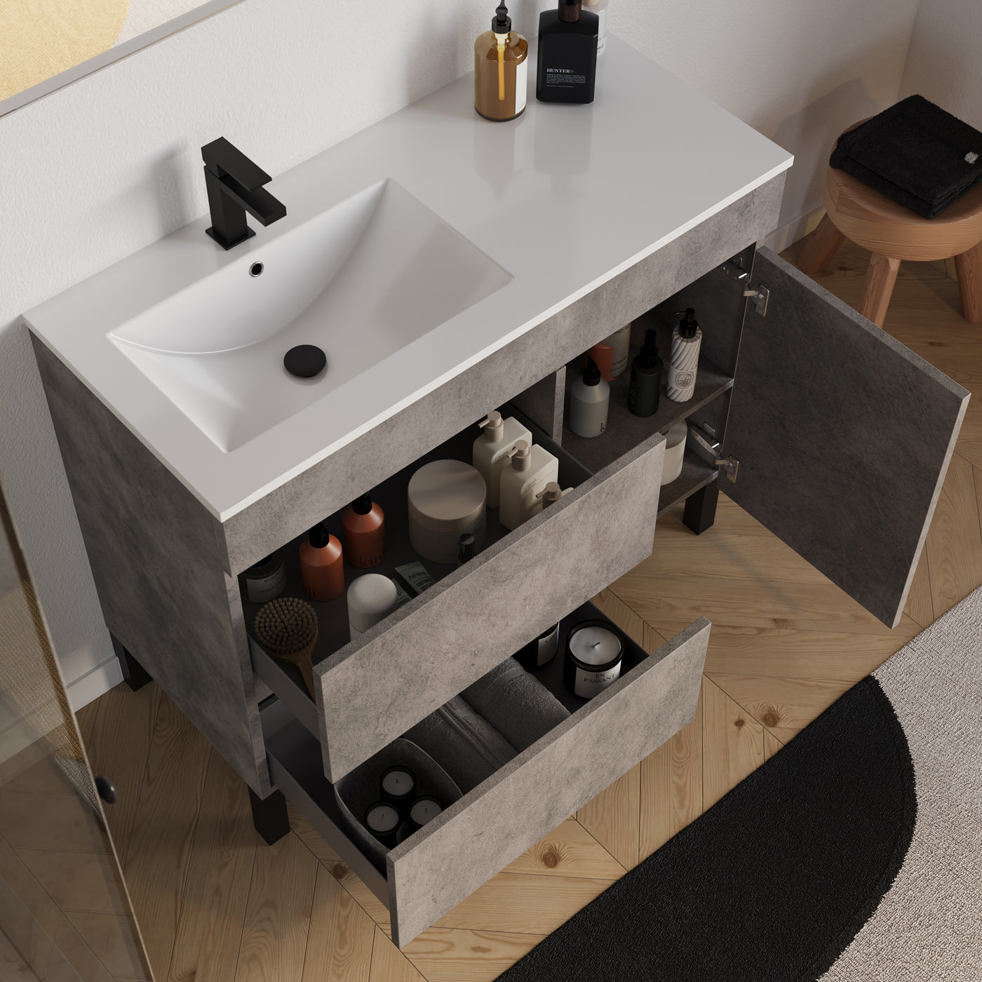 Meuble salle de bain LAZARO 100cm ciment vasque gauche vue dessus
