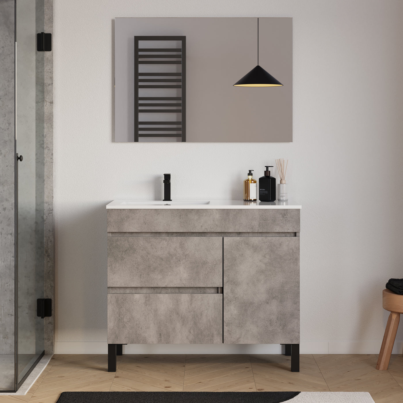 Meuble salle de bain LAZARO 100cm ciment vasque gauche miroir