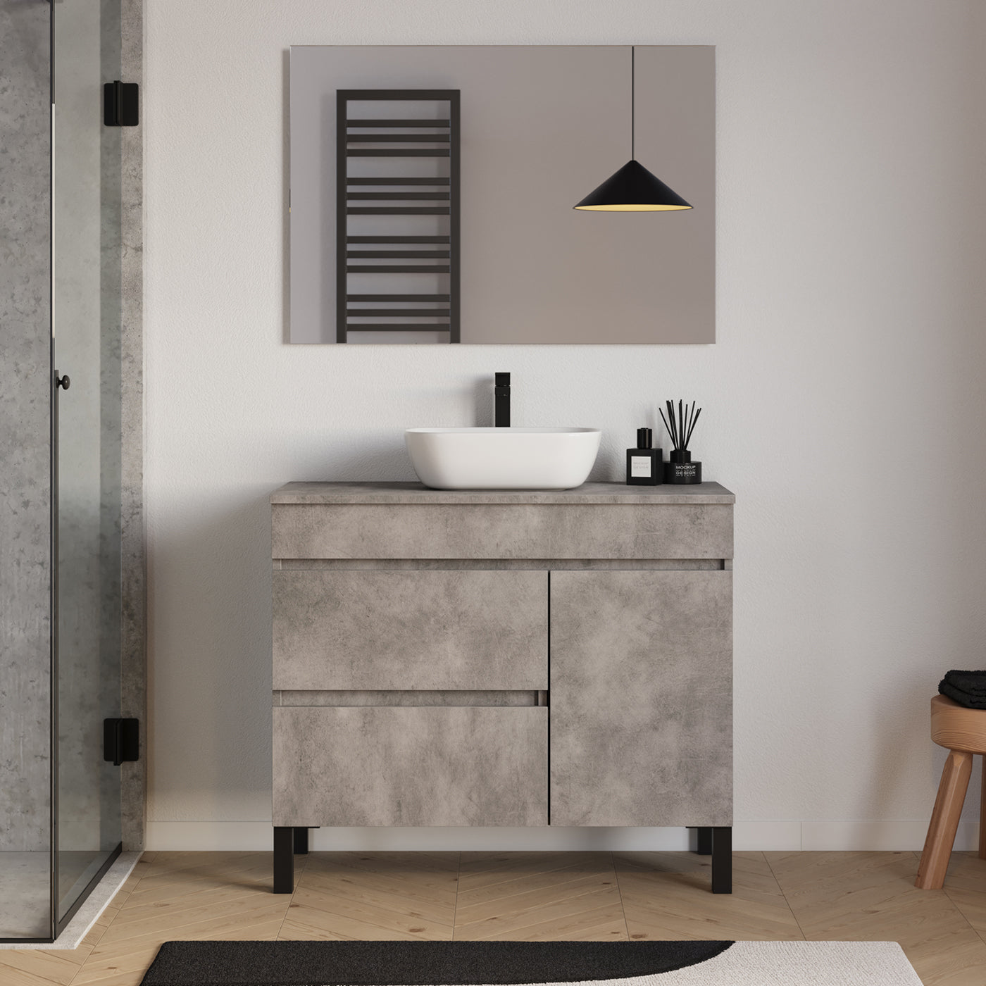 Meuble salle de bain LAZARO 100cm ciment avec vasque zeus miroir