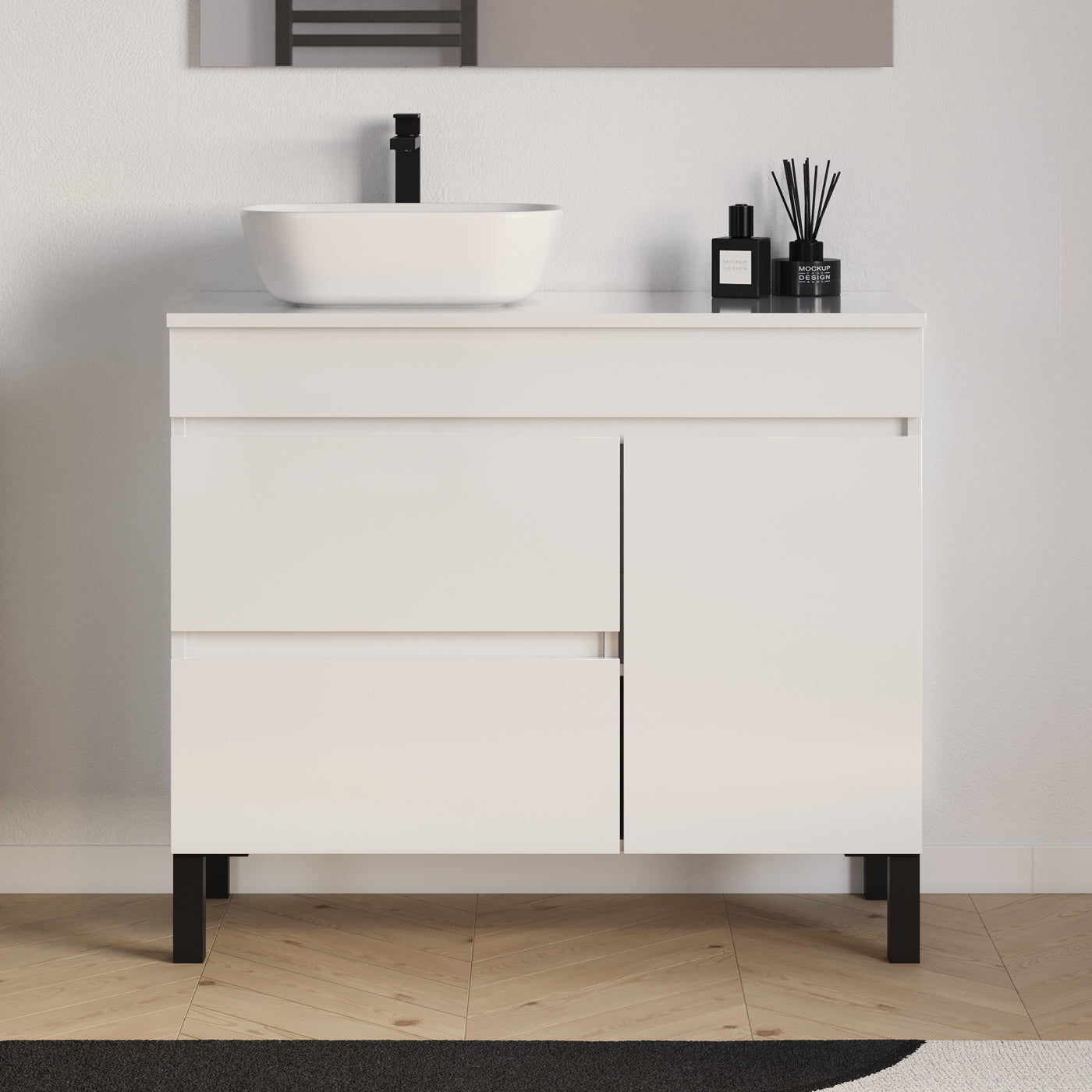 Meuble salle de bain LAZARO 100cm blanc vasque zeus gauche