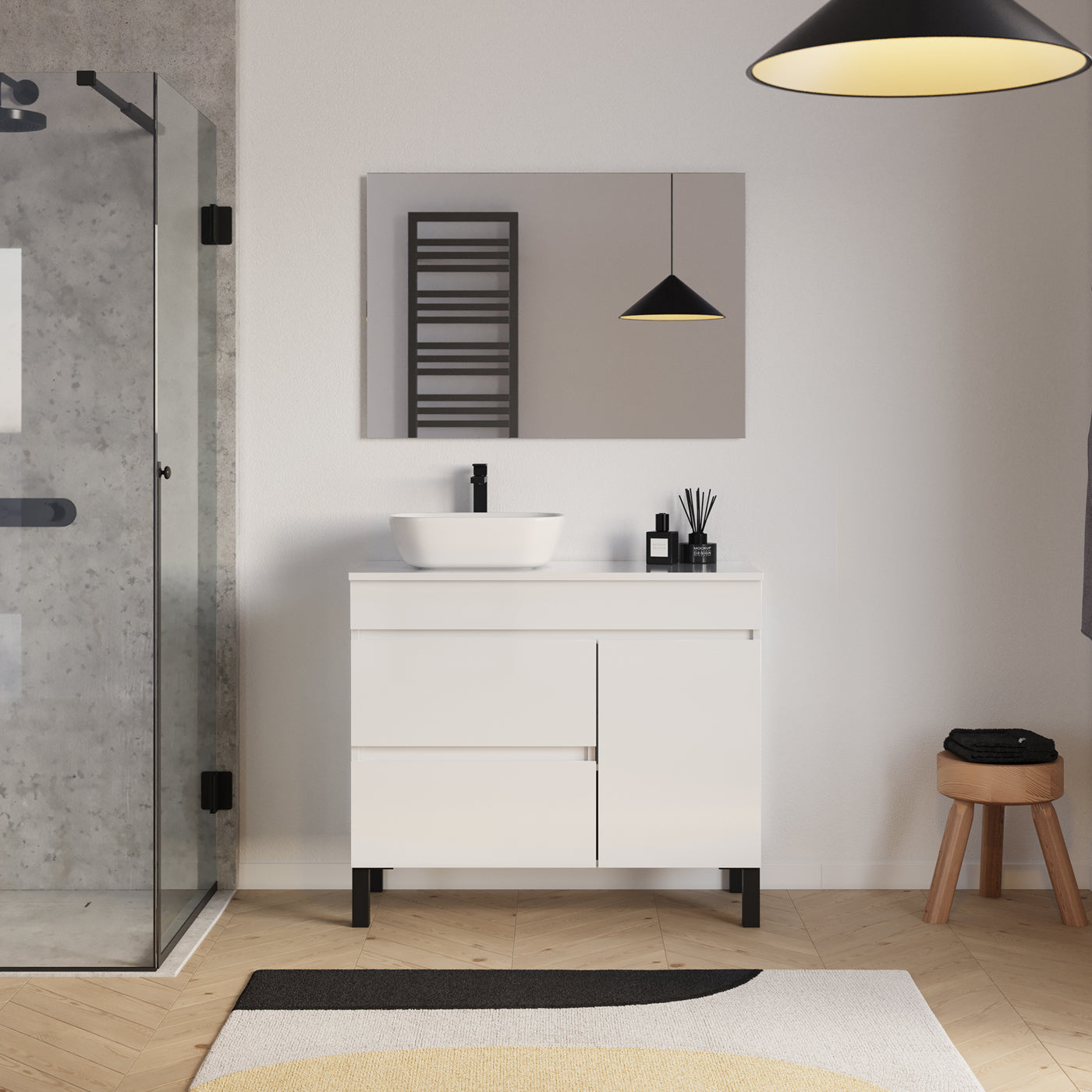 Ensemble Meuble salle de bain LAZARO 100cm blanc vasque gauche zeus miroir