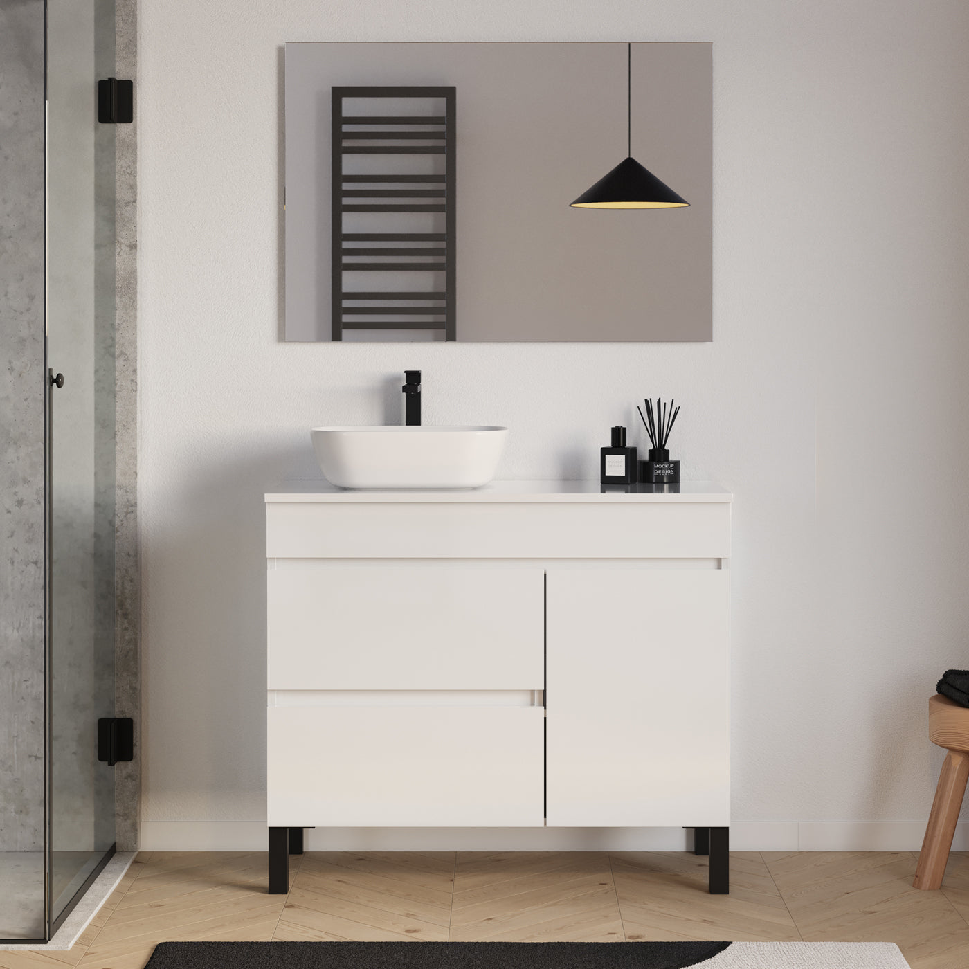 Meuble salle de bain LAZARO 100cm blanc vasque gauche zeus miroir