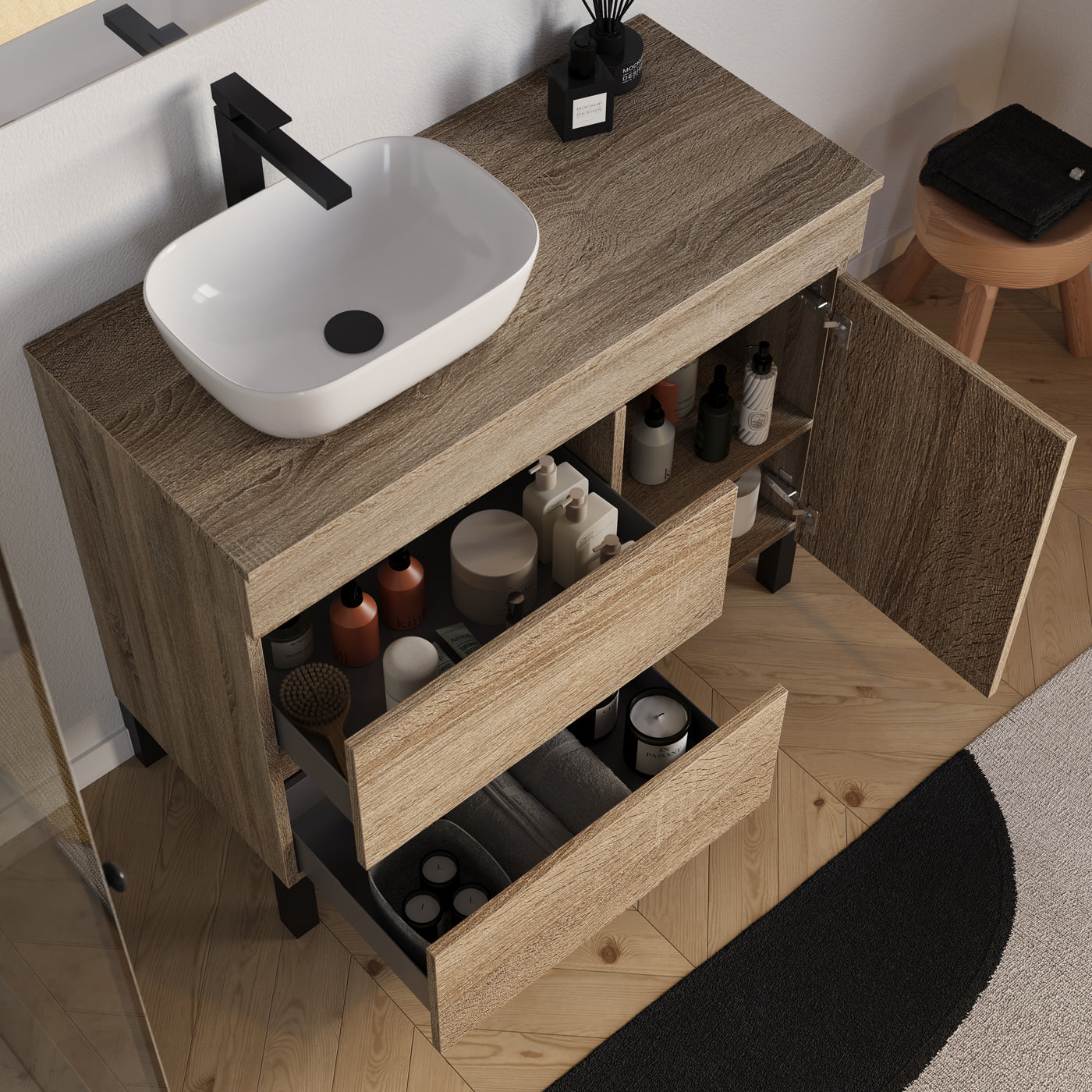 Meuble salle de bain LAZARO 100cm cambrian vasque zeus gauche vue dessus