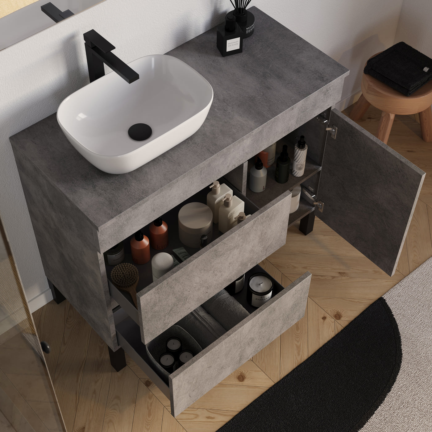 Meuble salle de bain LAZARO 100cm ciment vasque zeus gauche vue dessus
