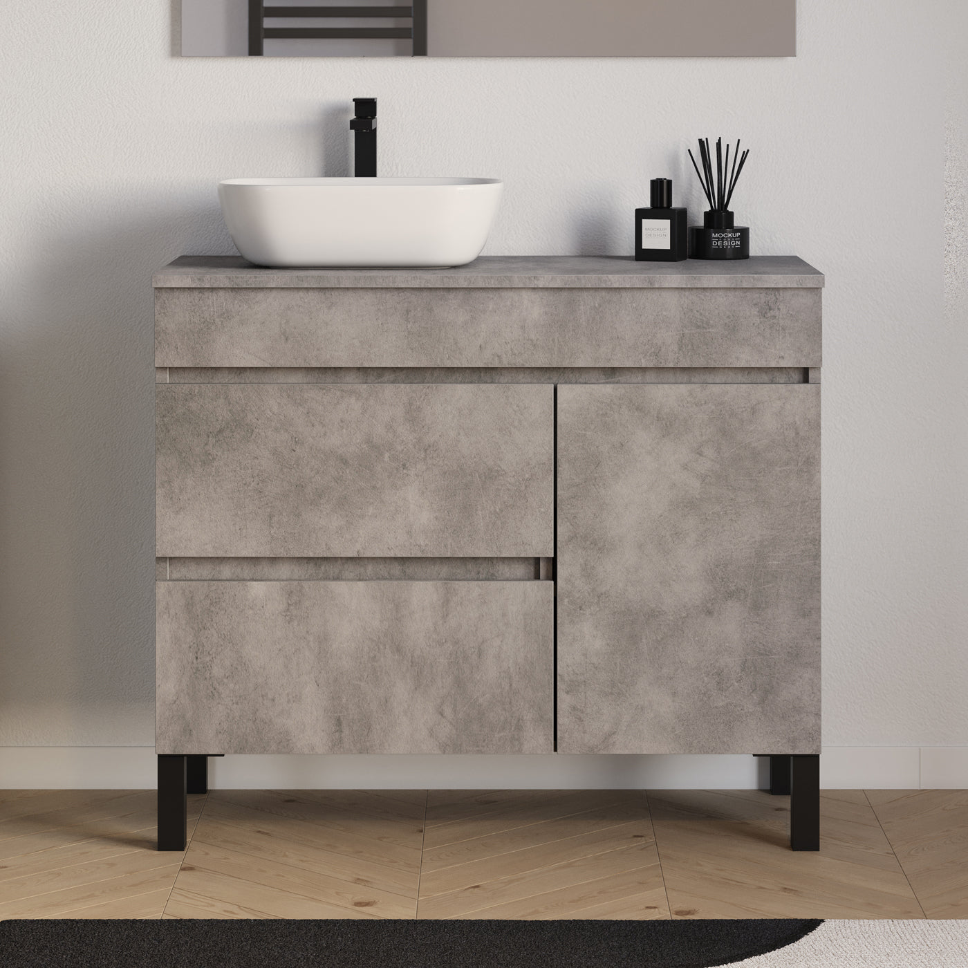 Meuble salle de bain LAZARO 100cm ciment vasque zeus gauche