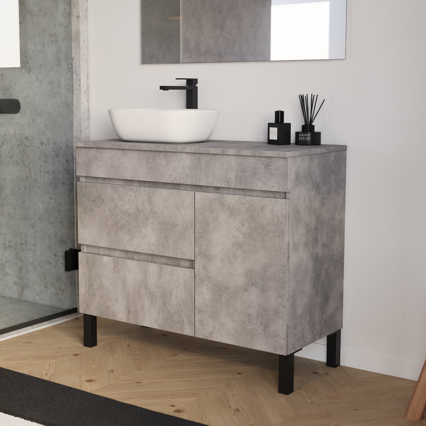 Meuble salle de bain LAZARO 100cm ciment vasque zeus gauche vue profil