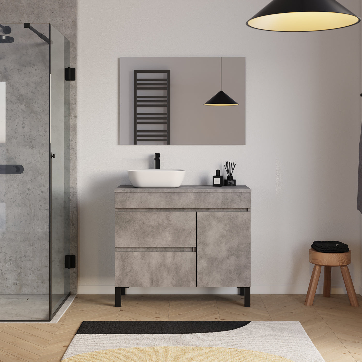 Ensemble Meuble salle de bain LAZARO 100cm ciment vasque gauche zeus miroir
