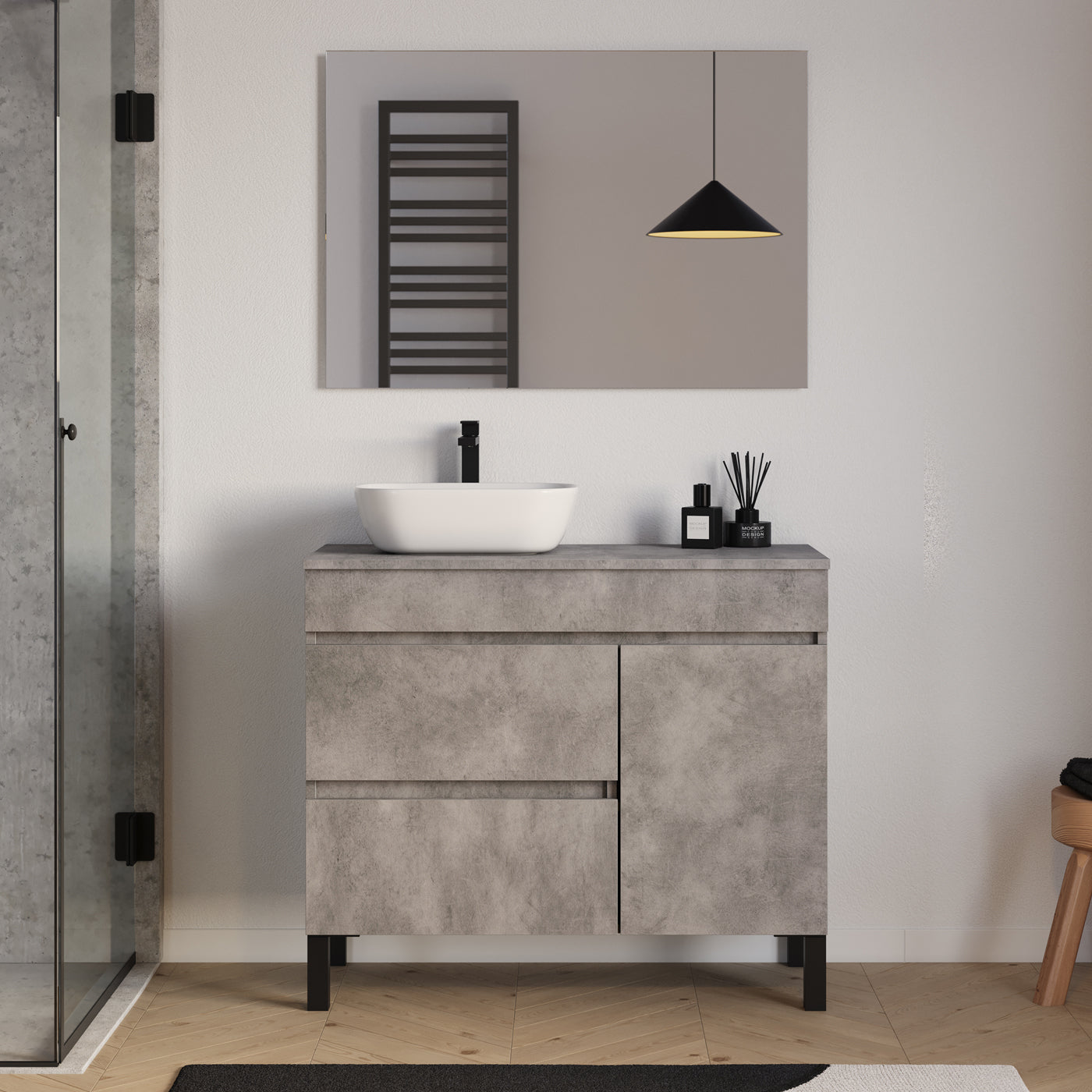 Meuble salle de bain LAZARO 100cm ciment vasque gauche zeus miroir