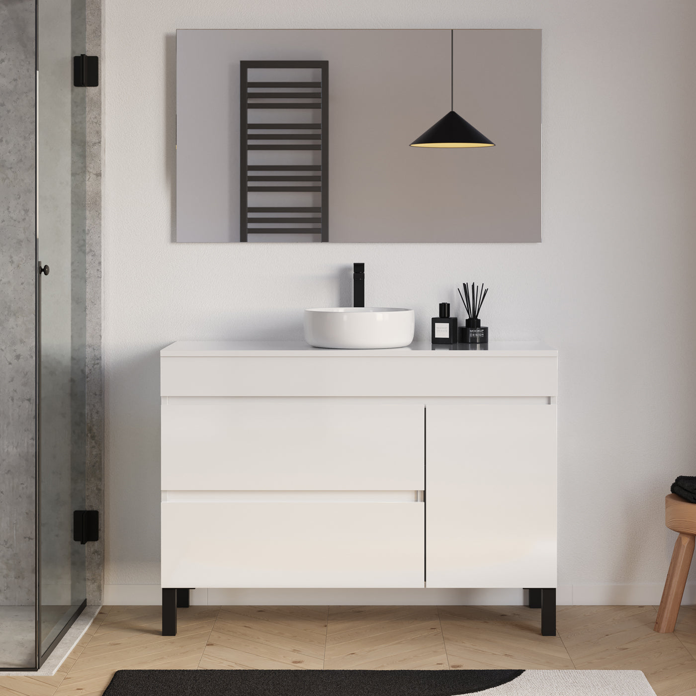 Meuble salle de bain LAZARO 120cm blanc avec vasque ares miroir