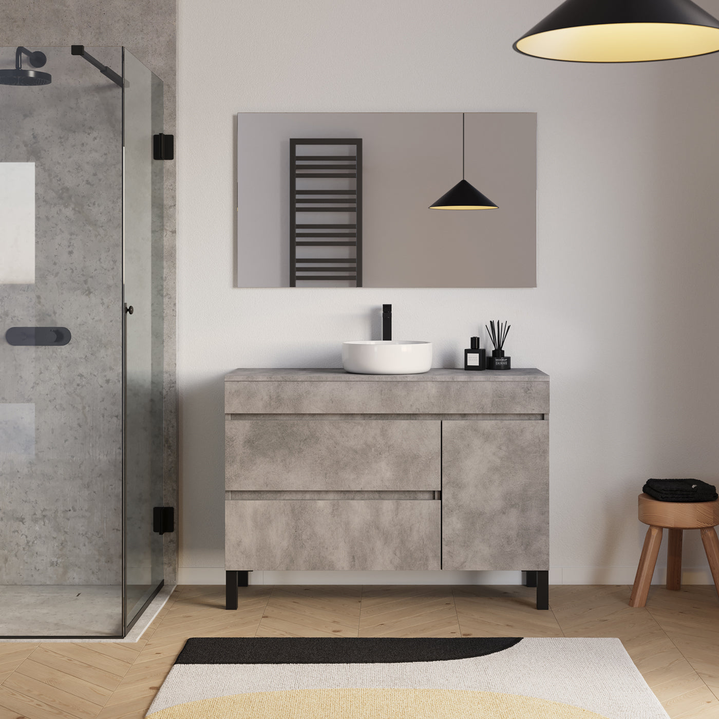 Ensemble Meuble salle de bain LAZARO 120cm ciment avec vasque ares miroir
