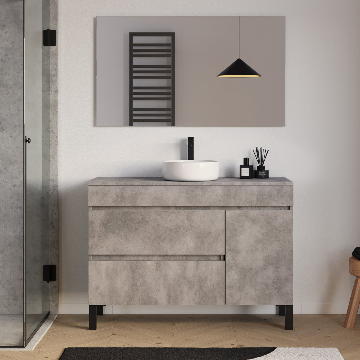 Meuble salle de bain LAZARO 120cm ciment avec vasque ares miroir