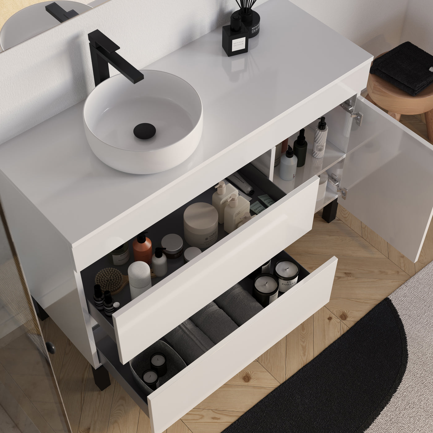 Meuble salle de bain LAZARO 120cm blanc vasque ares gauche vue dessus