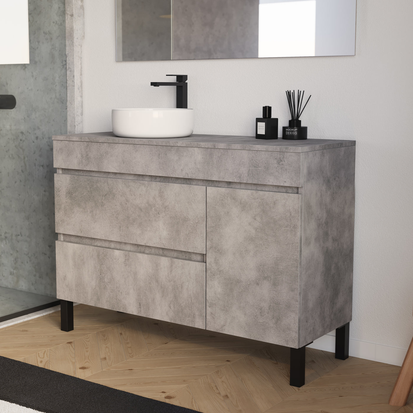 Meuble salle de bain LAZARO 120cm ciment vasque ares  gauche vue profil