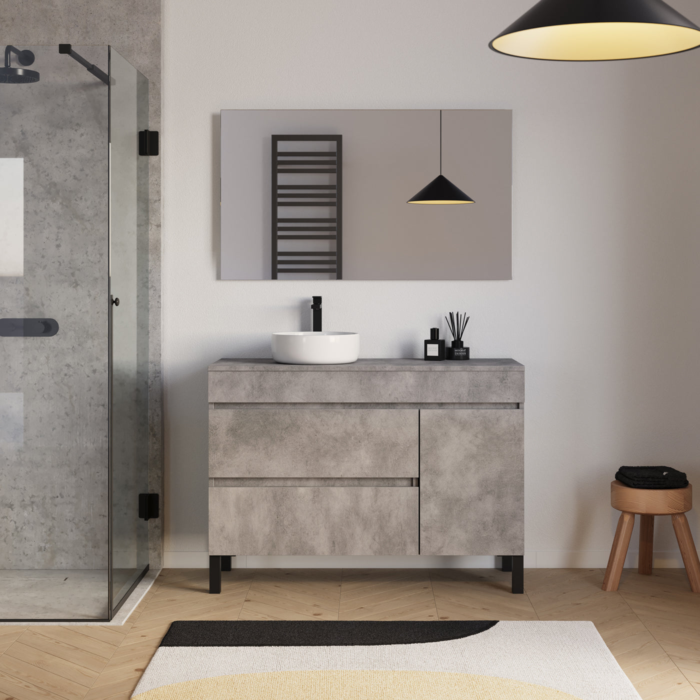 Ensemble Meuble salle de bain LAZARO 120cm ciment avec vasque gauche ares miroir