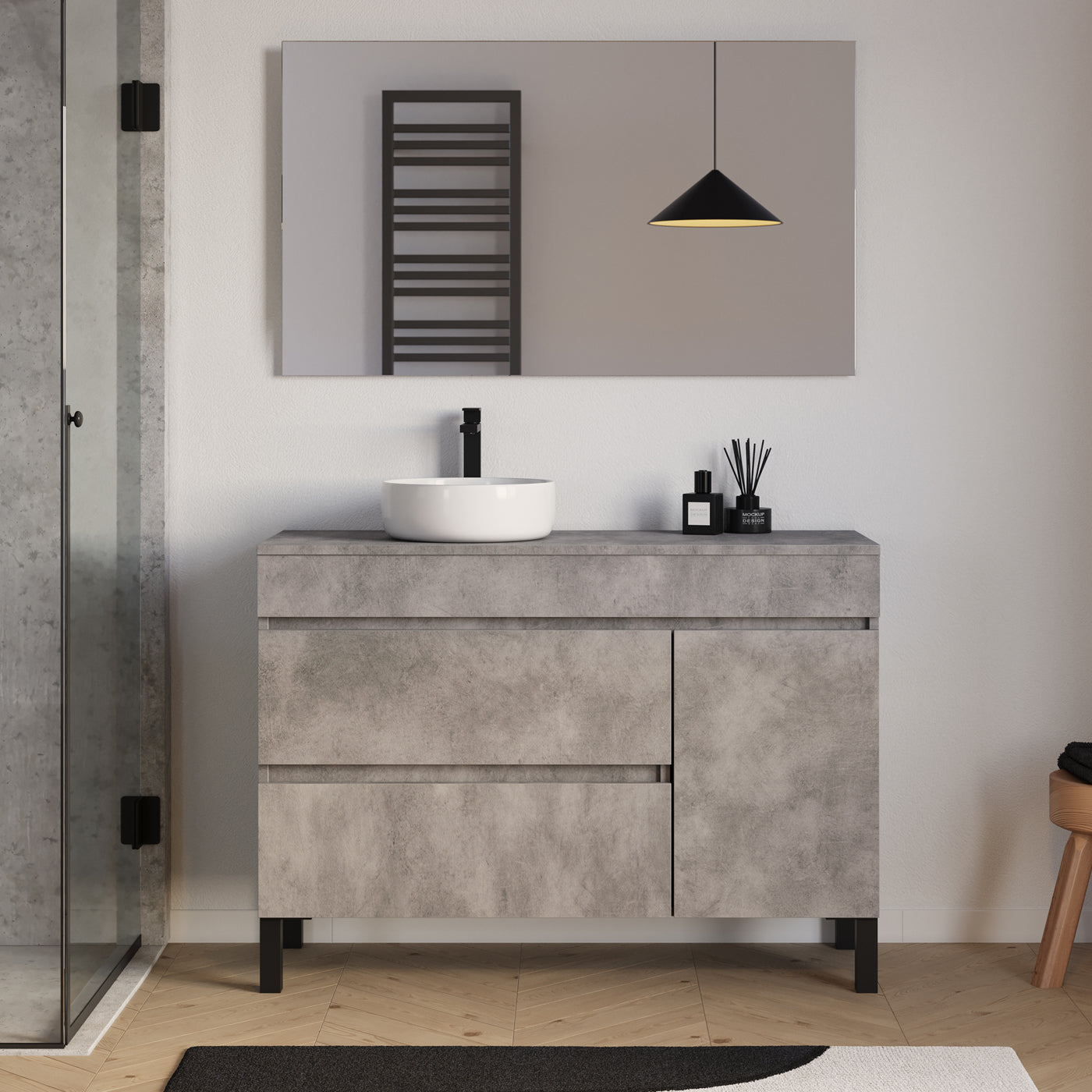 Meuble salle de bain LAZARO 120cm ciment avec vasque gauche ares miroir