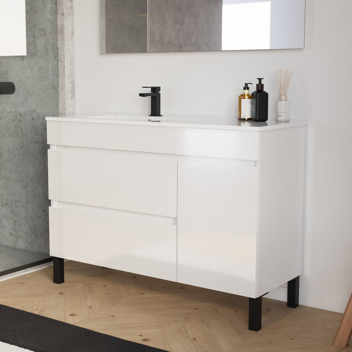 Meuble salle de bain LAZARO 120cm blanc vasque gauche vue profil