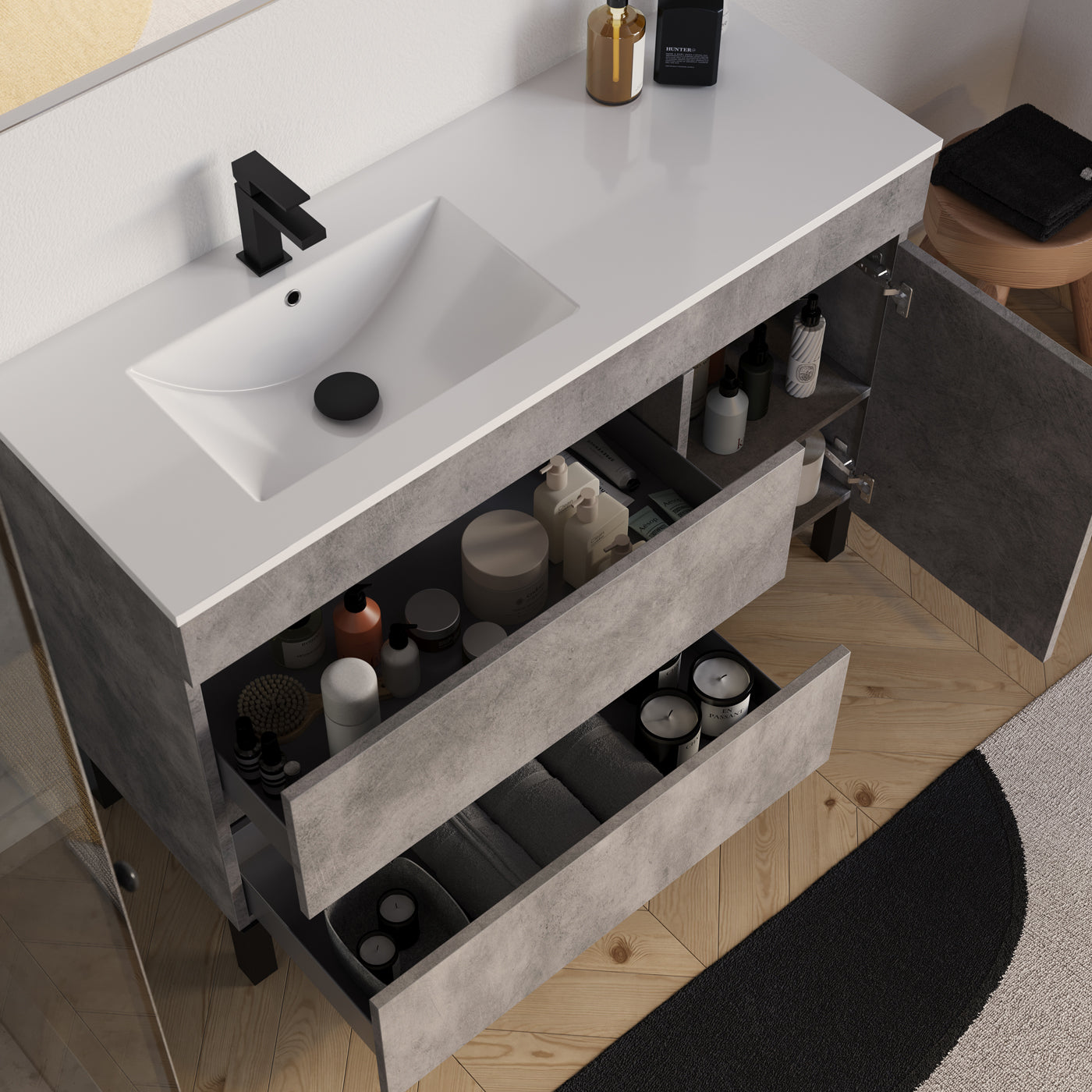 Meuble salle de bain LAZARO 120cm ciment vasque gauche vue dessus
