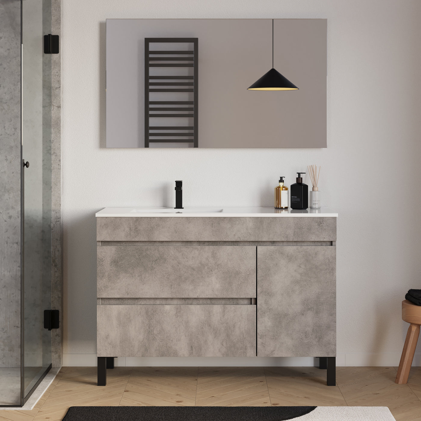 Meuble salle de bain LAZARO 120cm ciment vasque gauche miroir