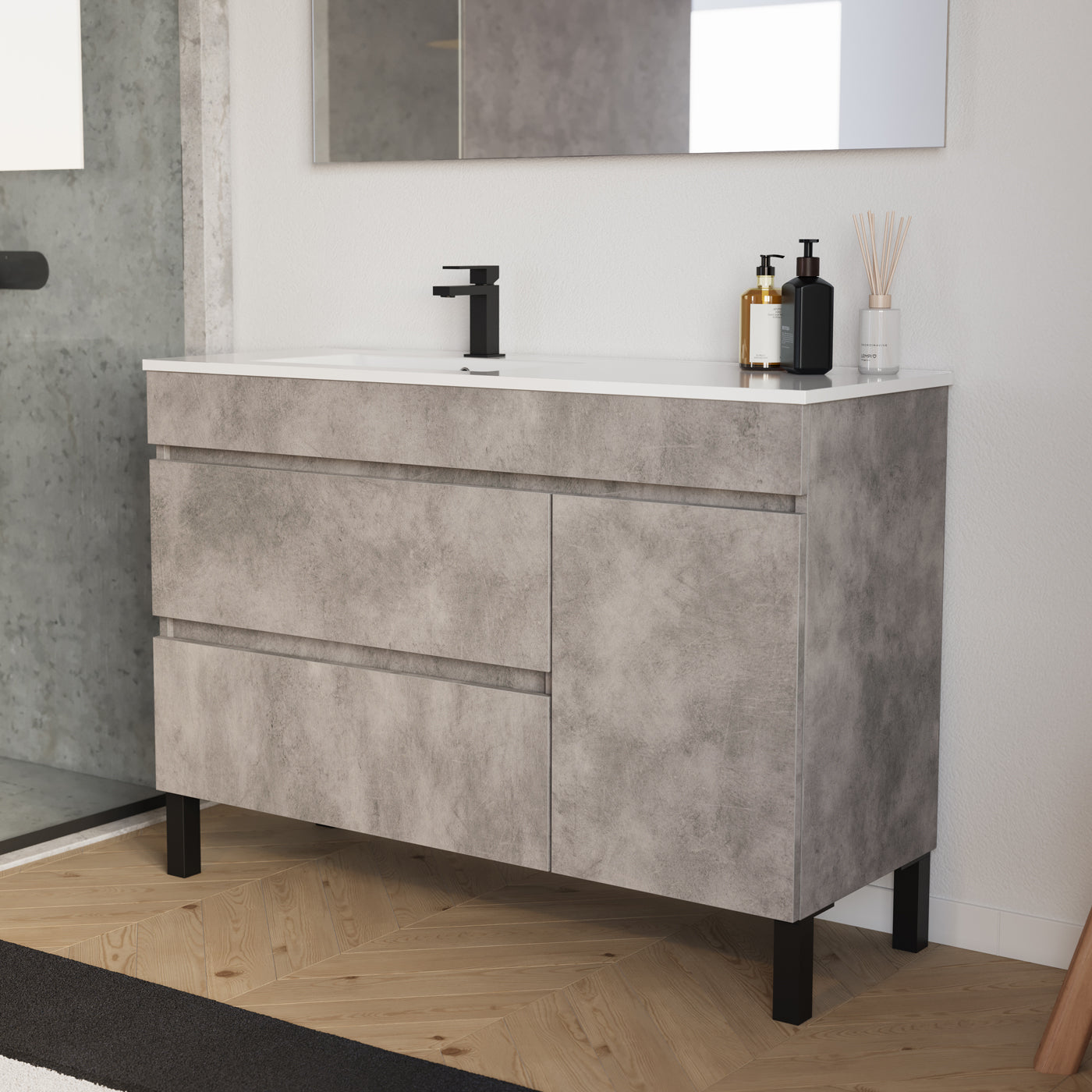 Meuble salle de bain LAZARO 120cm ciment vasque gauche vue profil