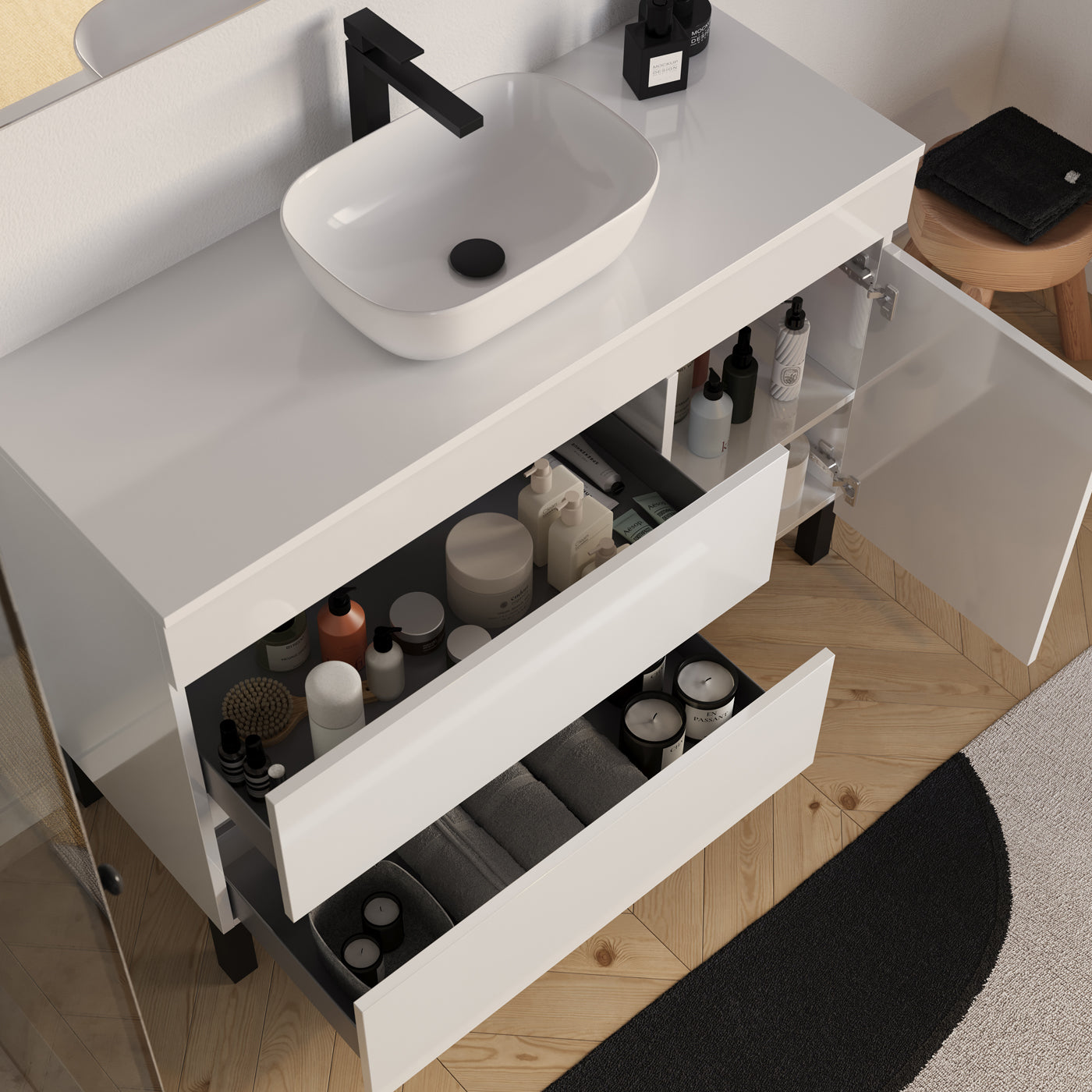 Meuble salle de bain LAZARO 120cm blanc vasque zeus vue dessus