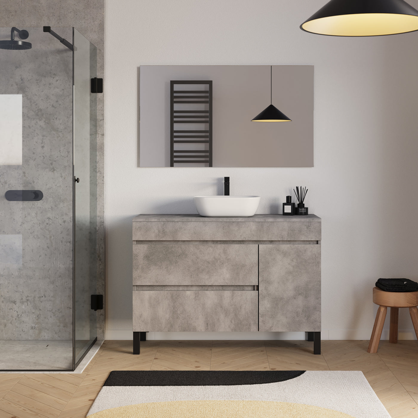 Ensemble Meuble salle de bain LAZARO 120cm ciment avec vasque zeus miroir