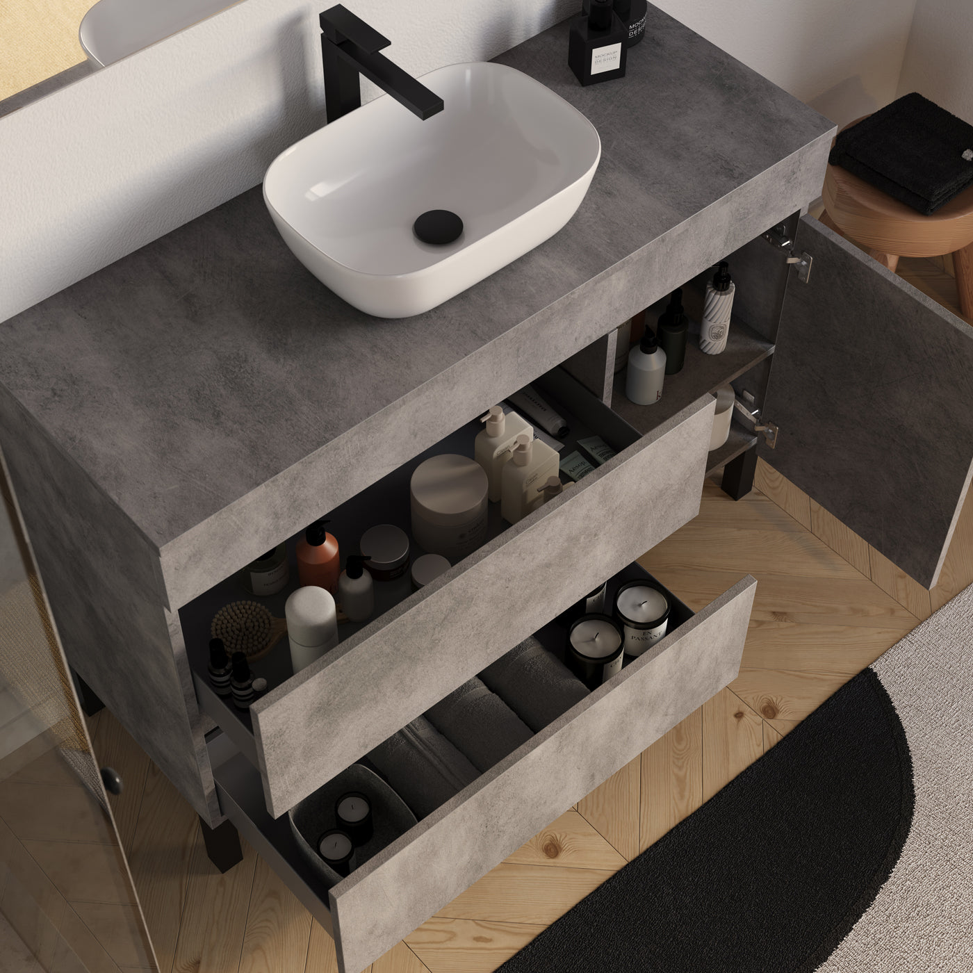 Meuble salle de bain LAZARO 120cm ciment vasque zeus vue dessus