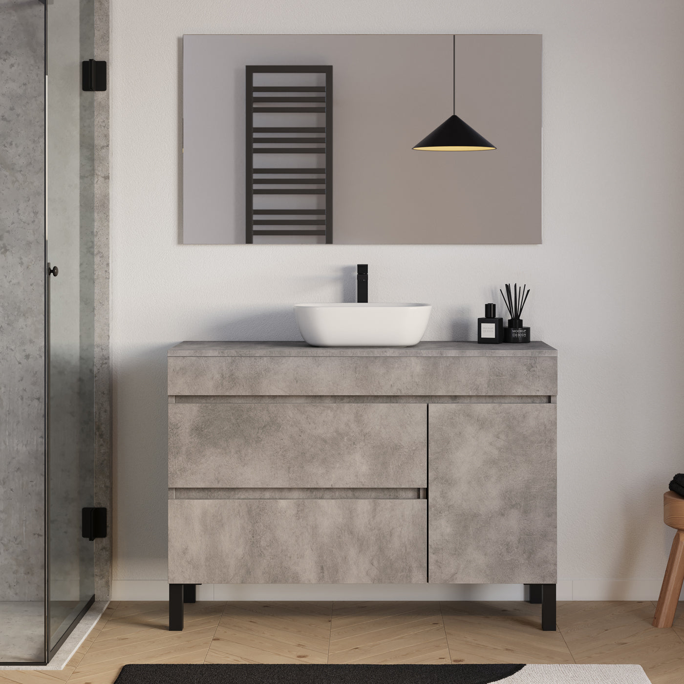 Meuble salle de bain LAZARO 120cm ciment avec vasque zeus miroir