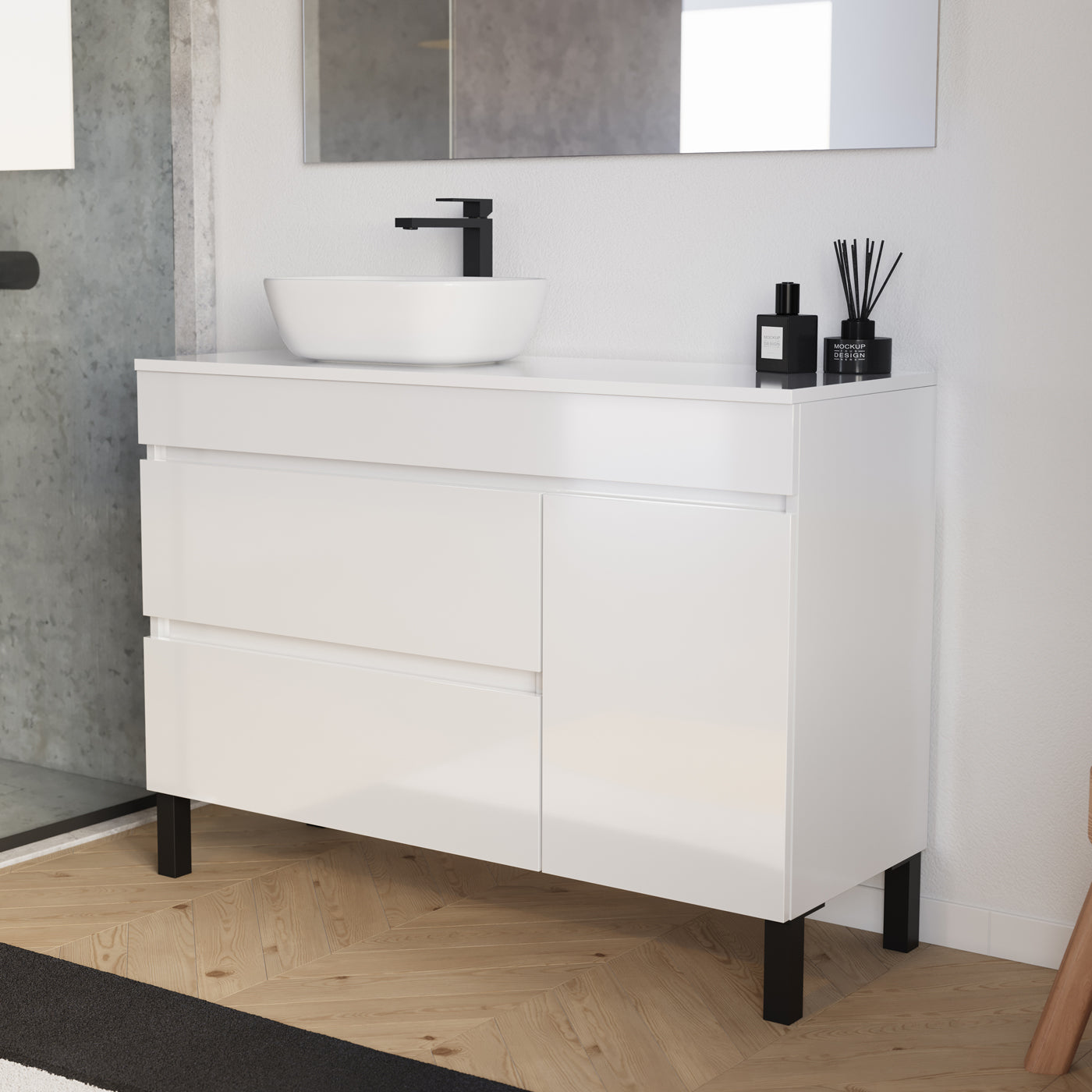 Meuble salle de bain LAZARO 120cm blanc vasque gauche zeus vue profil
