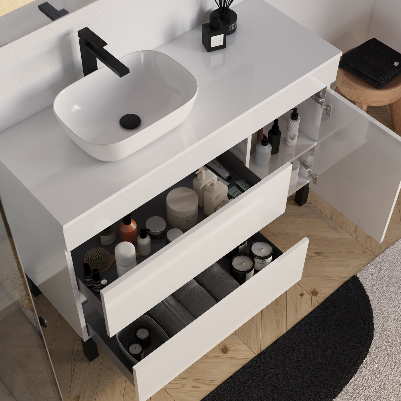 Meuble salle de bain LAZARO 120cm blanc vasque zeus gauche vue dessus