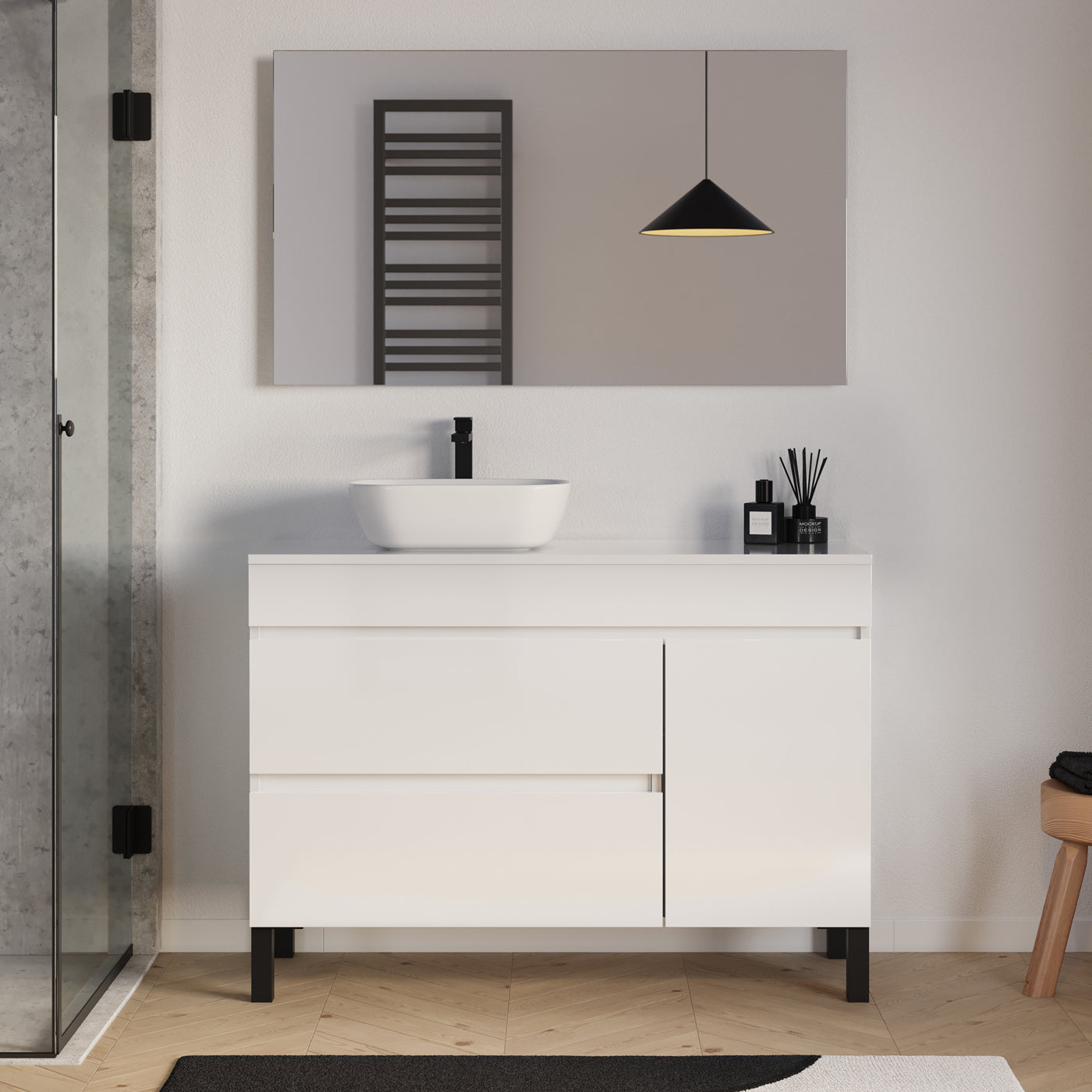 Meuble salle de bain LAZARO 120cm blanc avec vasque gauche zeus miroir