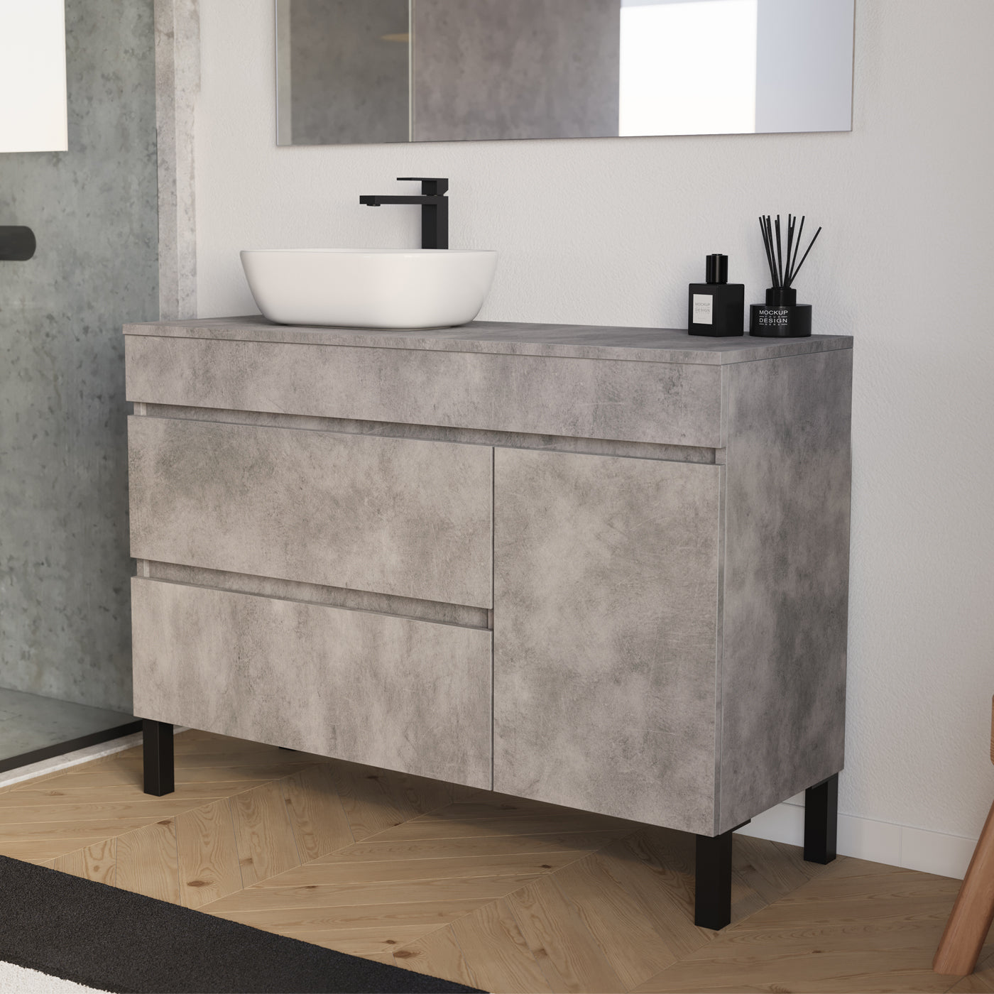 Meuble salle de bain LAZARO 120cm ciment vasque gauche zeus vue profil