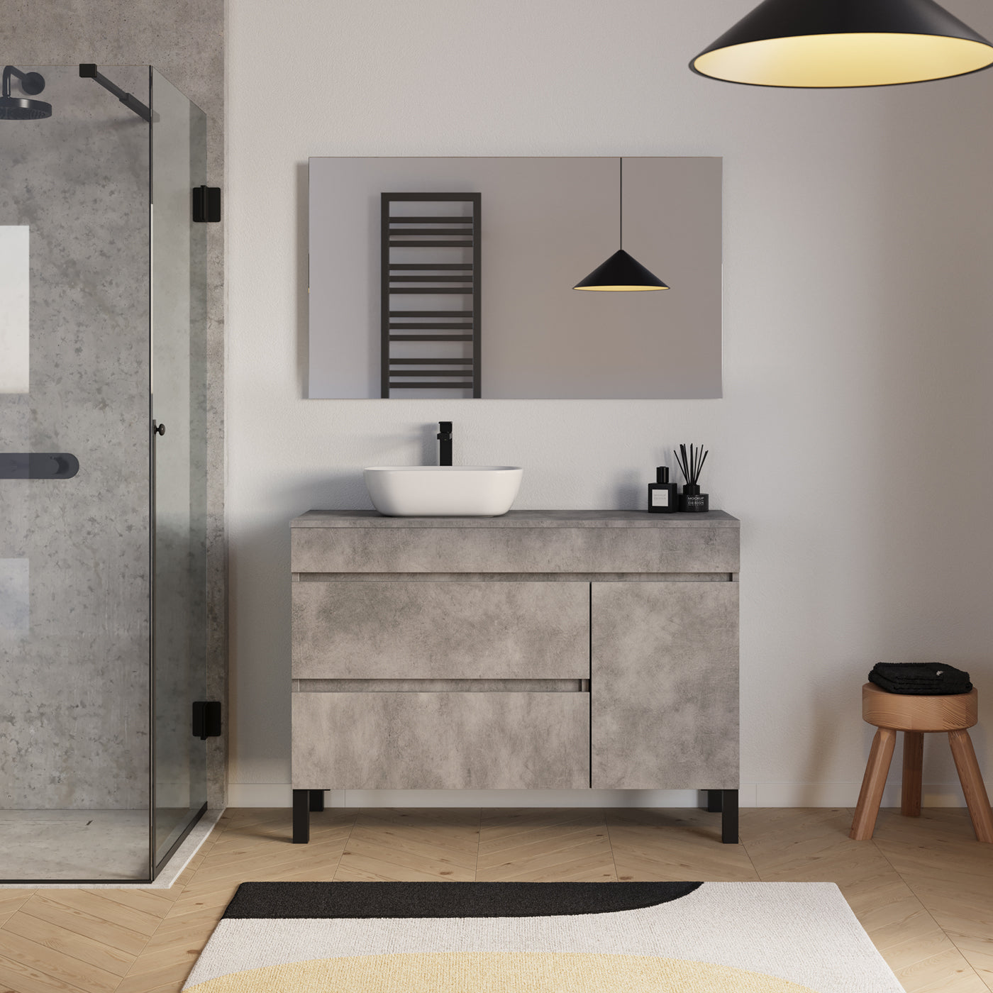 Ensemble Meuble salle de bain LAZARO 120cm ciment avec vasque gauche zeus miroir