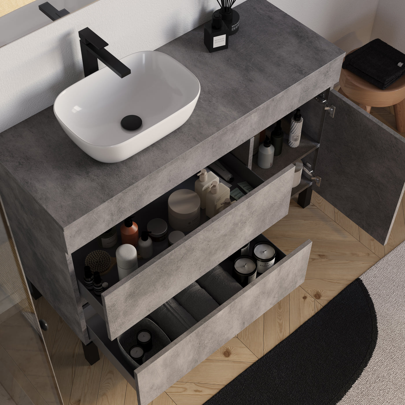 Meuble salle de bain LAZARO 120cm ciment vasque zeus gauche vue dessus