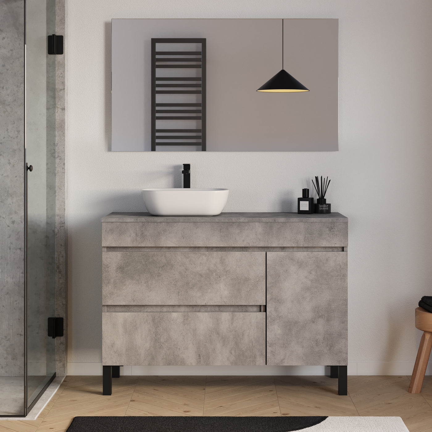 Meuble salle de bain LAZARO 120cm ciment avec vasque gauche zeus miroir