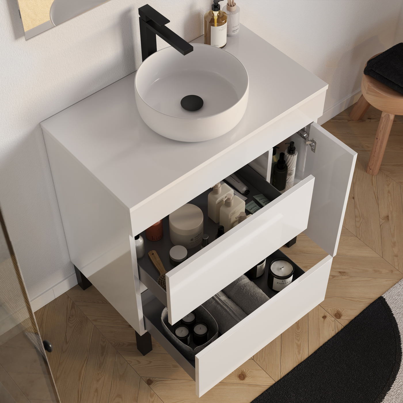 Meuble salle de bain LAZARO 80cm blanc vasque zeus vue dessus