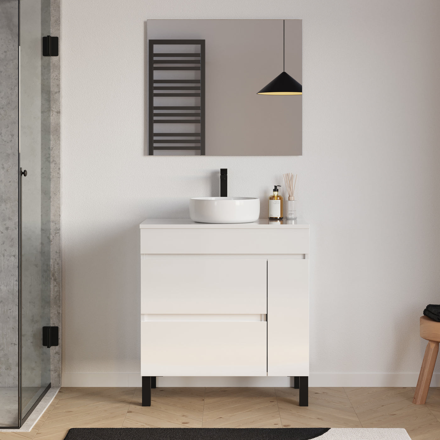 Meuble salle de bain LAZARO 80cm blanc avec vasque ares miroir