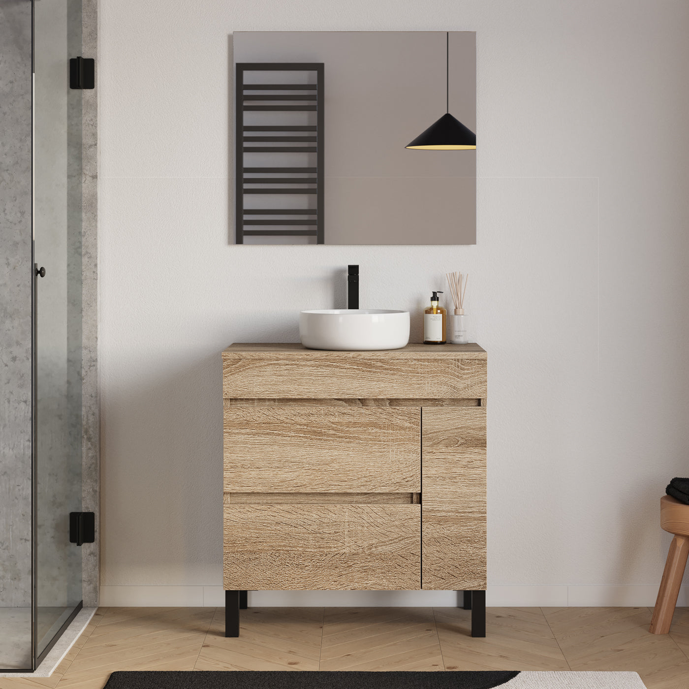 Meuble salle de bain LAZARO 80cm cambrian avec vasque ares miroir