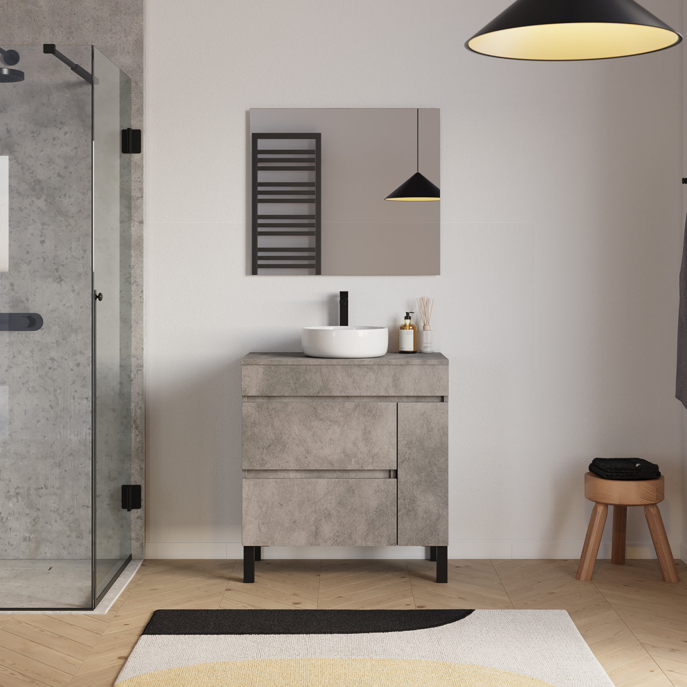 Ensemble Meuble salle de bain LAZARO 80cm ciment avec vasque ares miroir