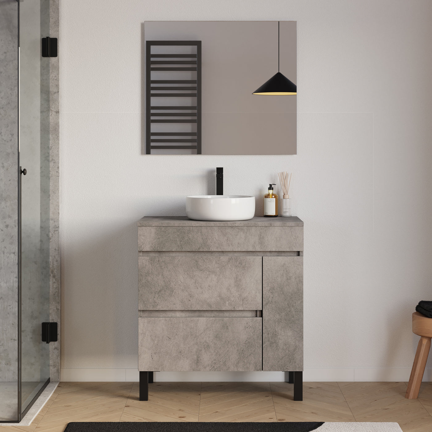 Meuble salle de bain LAZARO 80cm ciment avec vasque ares miroir