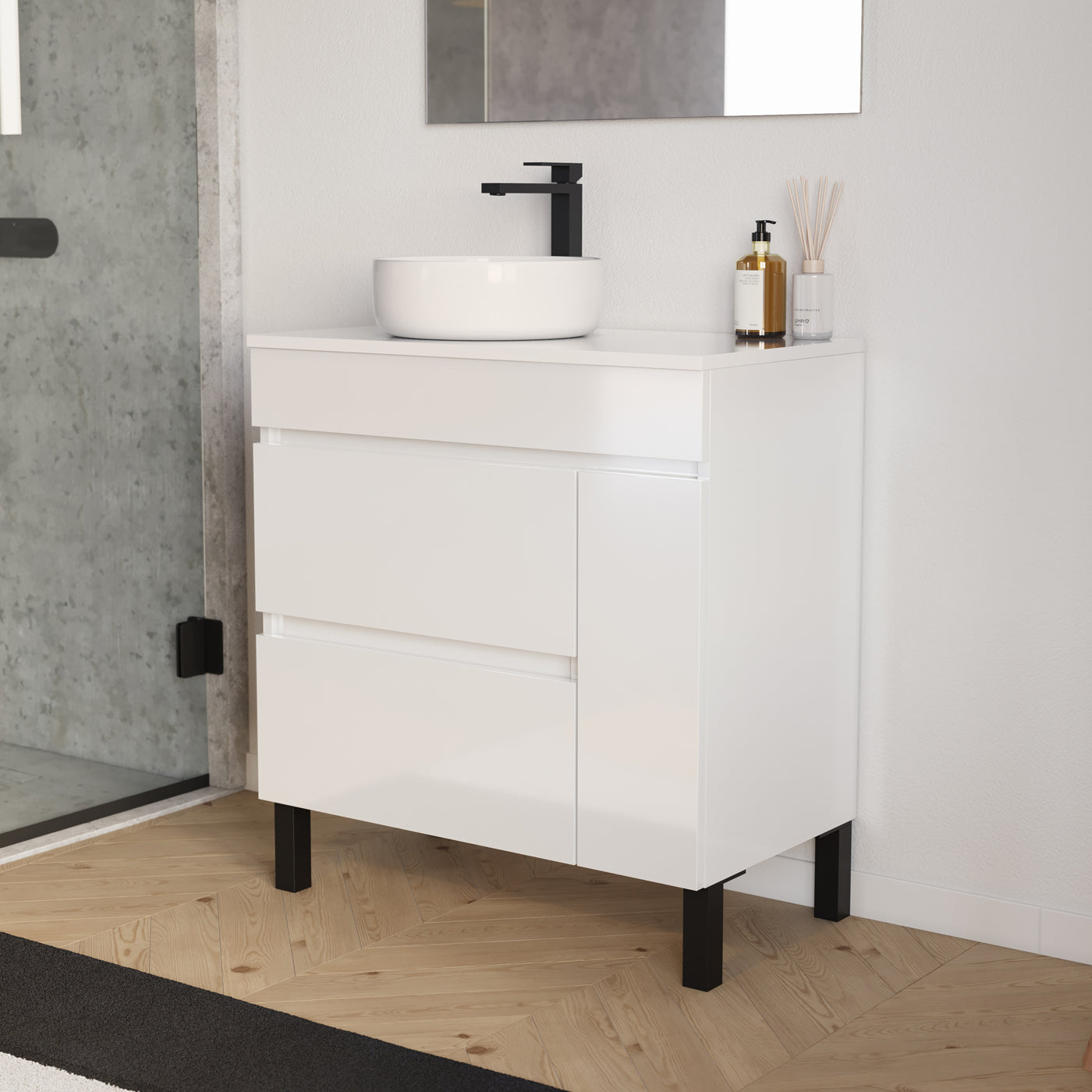 Meuble salle de bain LAZARO 80cm blanc vasque ares gauche vue profil