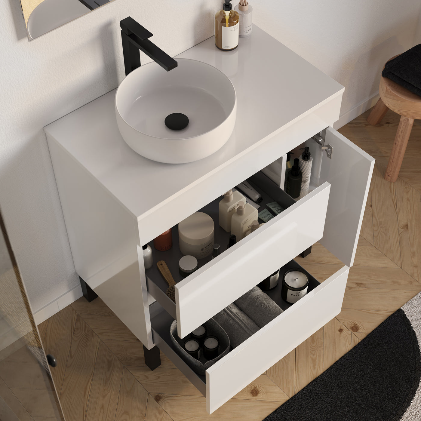 Meuble salle de bain LAZARO 80cm blanc vasque zeus gauche vue dessus