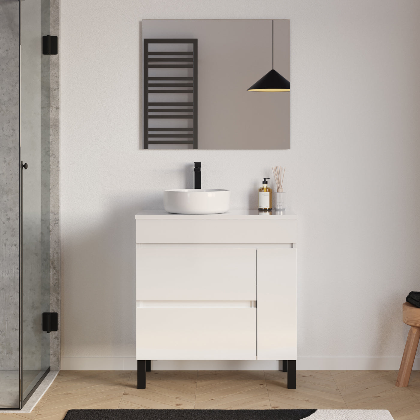 Meuble salle de bain LAZARO 80cm blanc avec vasque ares miroir